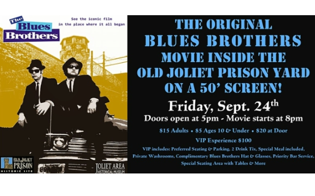 The original Blues Brothers movie shown on a 50′ Screen inside the Old Joliet Prison Yard.
