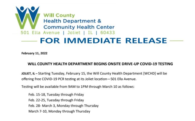 WILL COUNTY HEALTH DEPARTMENT BEGINS ONSITE DRIVE-UP COVID-19 TESTING