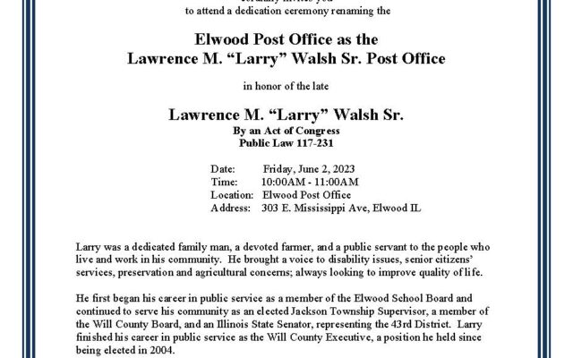 Elwood Post Office Honors The Late Larry Walsh, Sr.